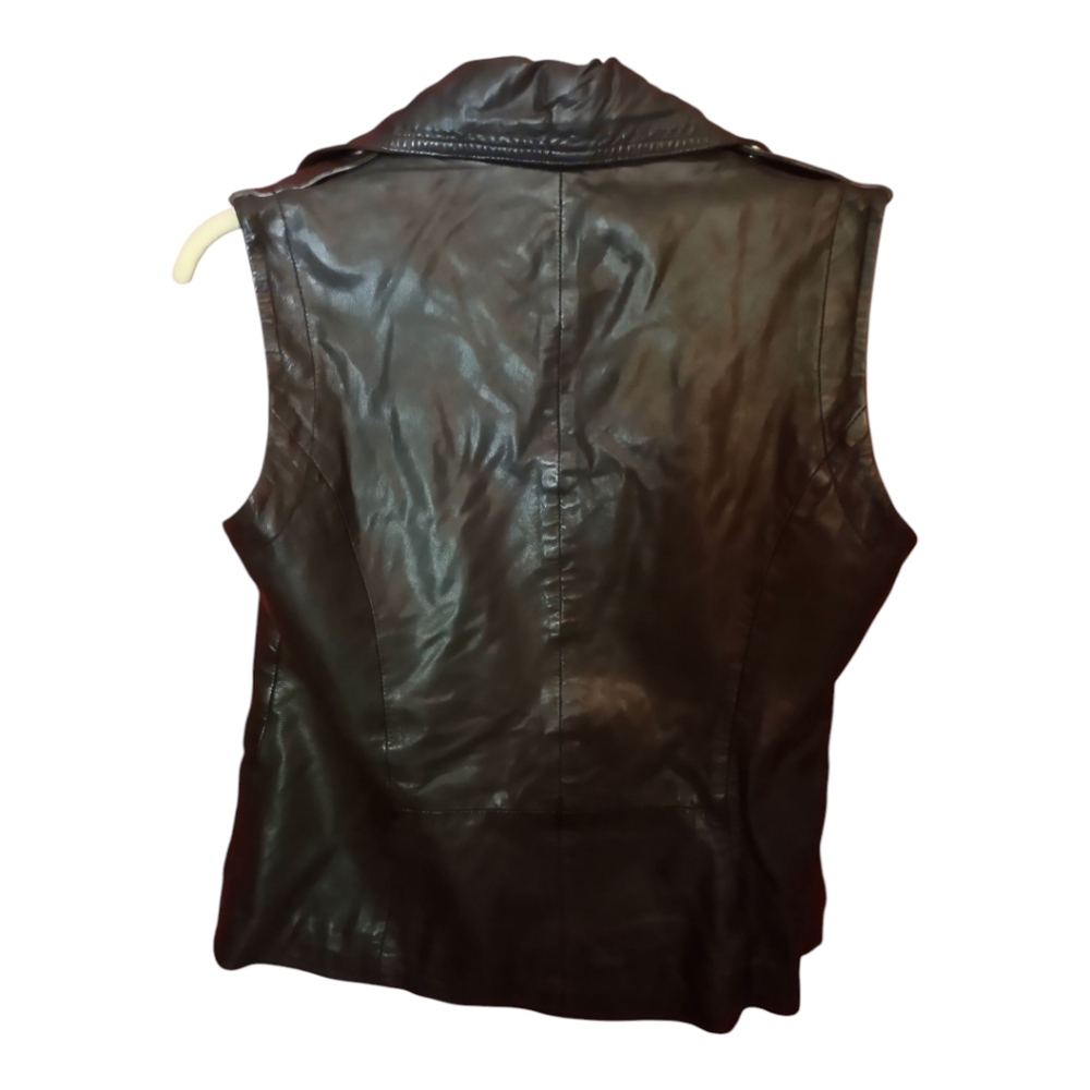 Aqua 100% Leather Black Moto Vest Asymmetrical Zipper Notched Lapel - Picture 2 of 10
